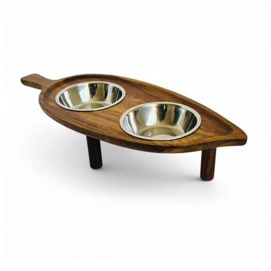 Antibacterial acacia wood cat feeding station raised ergonomic practical feeder THEKEA
