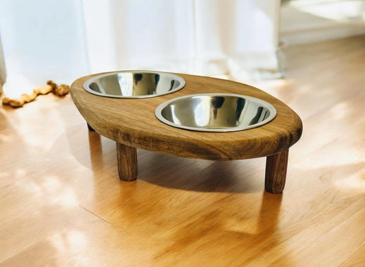 Raised wooden cat feeder acacia wood stainless steel dishwasher safe 28cm - THEKEA
