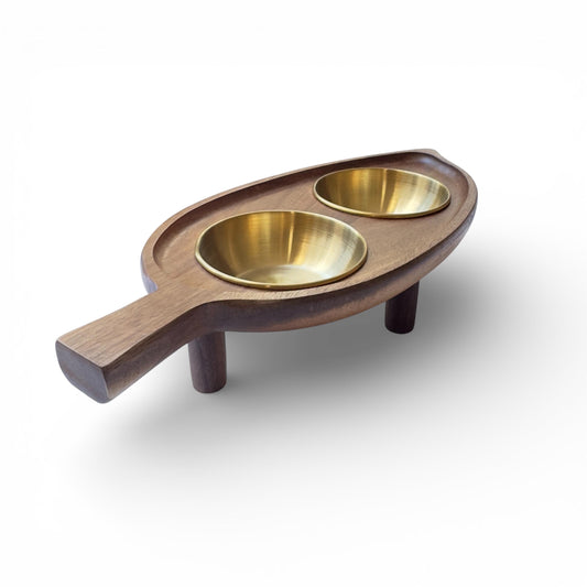 Leaf shaped elevated cat feeder acacia wood removable stainless steel bowls THEKEA