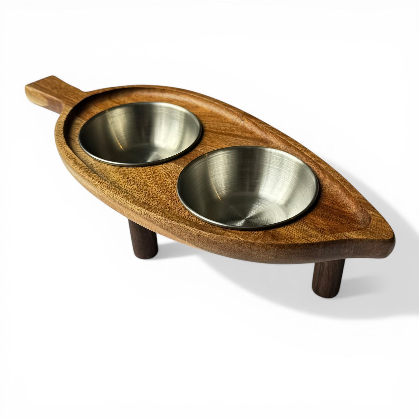 Bespoke raised cat bowl acacia wood whisker friendly elevated wooden feeder UK
