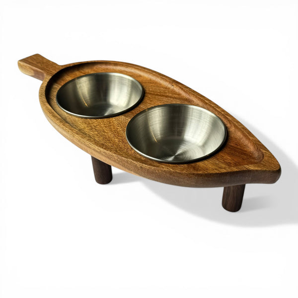 Bespoke raised cat bowl acacia wood whisker friendly elevated wooden feeder UK
