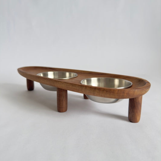 Antibacterial cat food bowl acacia wood  walnut legs silver stainless steel bowls  non-spill  THEKEA