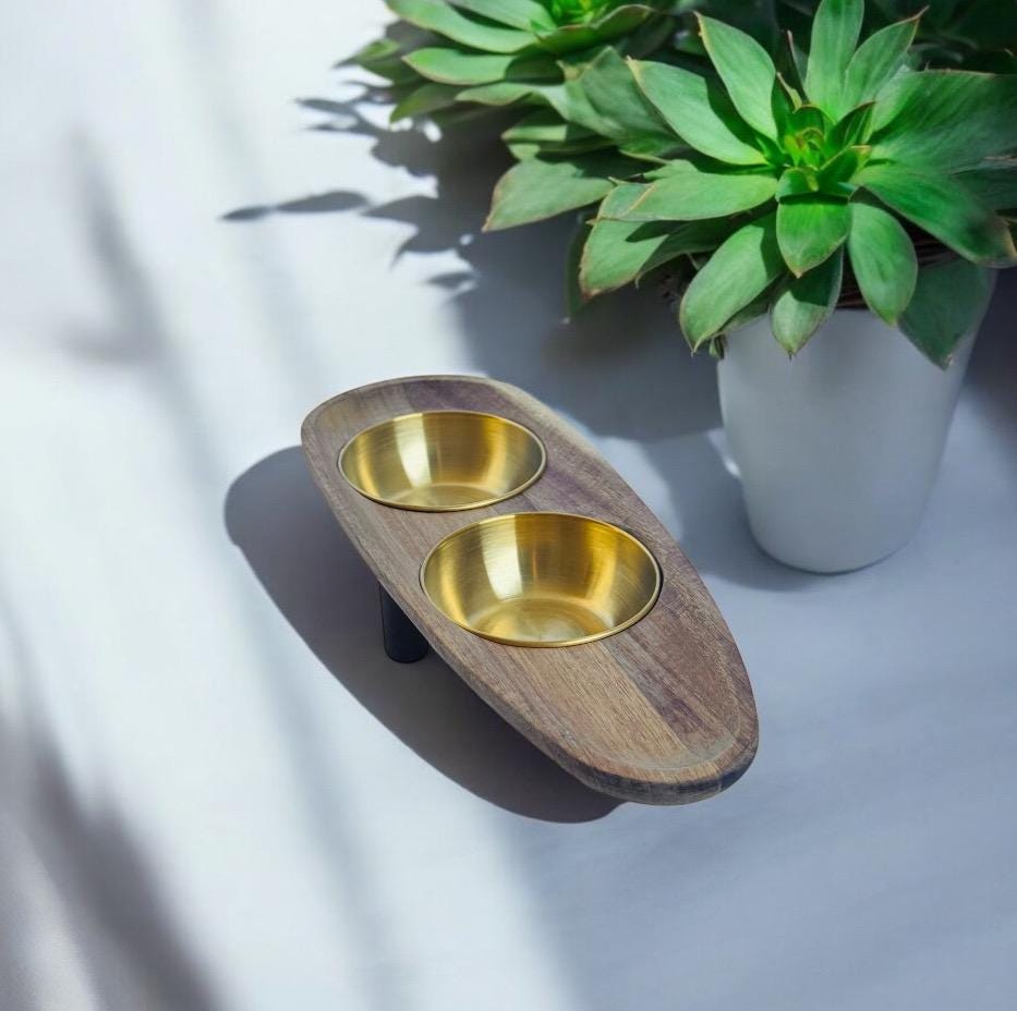 Antibacterial cat food bowl acacia wood  walnut legs gold stainless steel bowls  non-spill  THEKEA