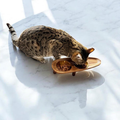 Raised cat bowl walnut legs silver stainless steel acacia wood non-spill 30cm - THEKEA
