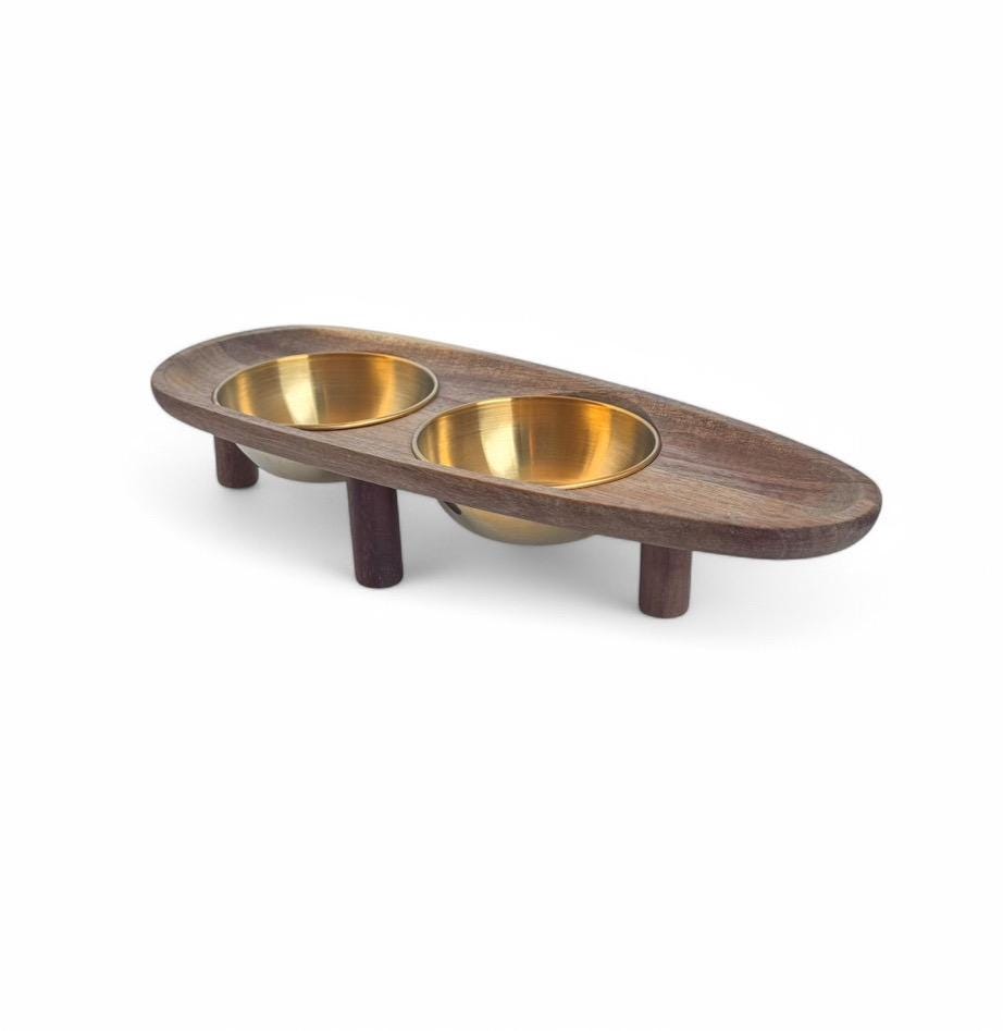 Premium cat feeding station walnut legs acacia wood stainless steel bowls UK - THEKEA
