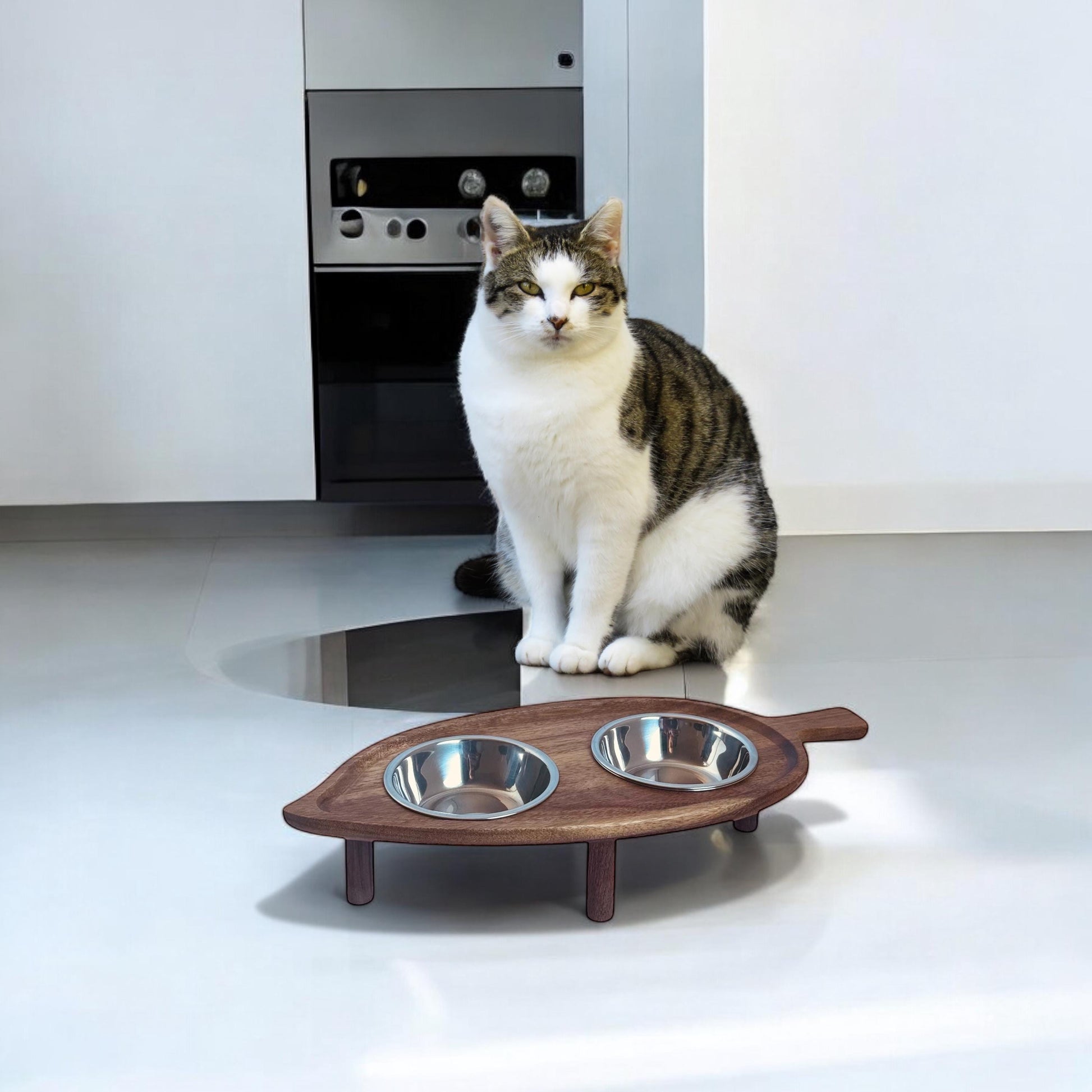 Elevated pet feeding station  acacia wood  dishwasher safe bowls non-spill THEKEA 
