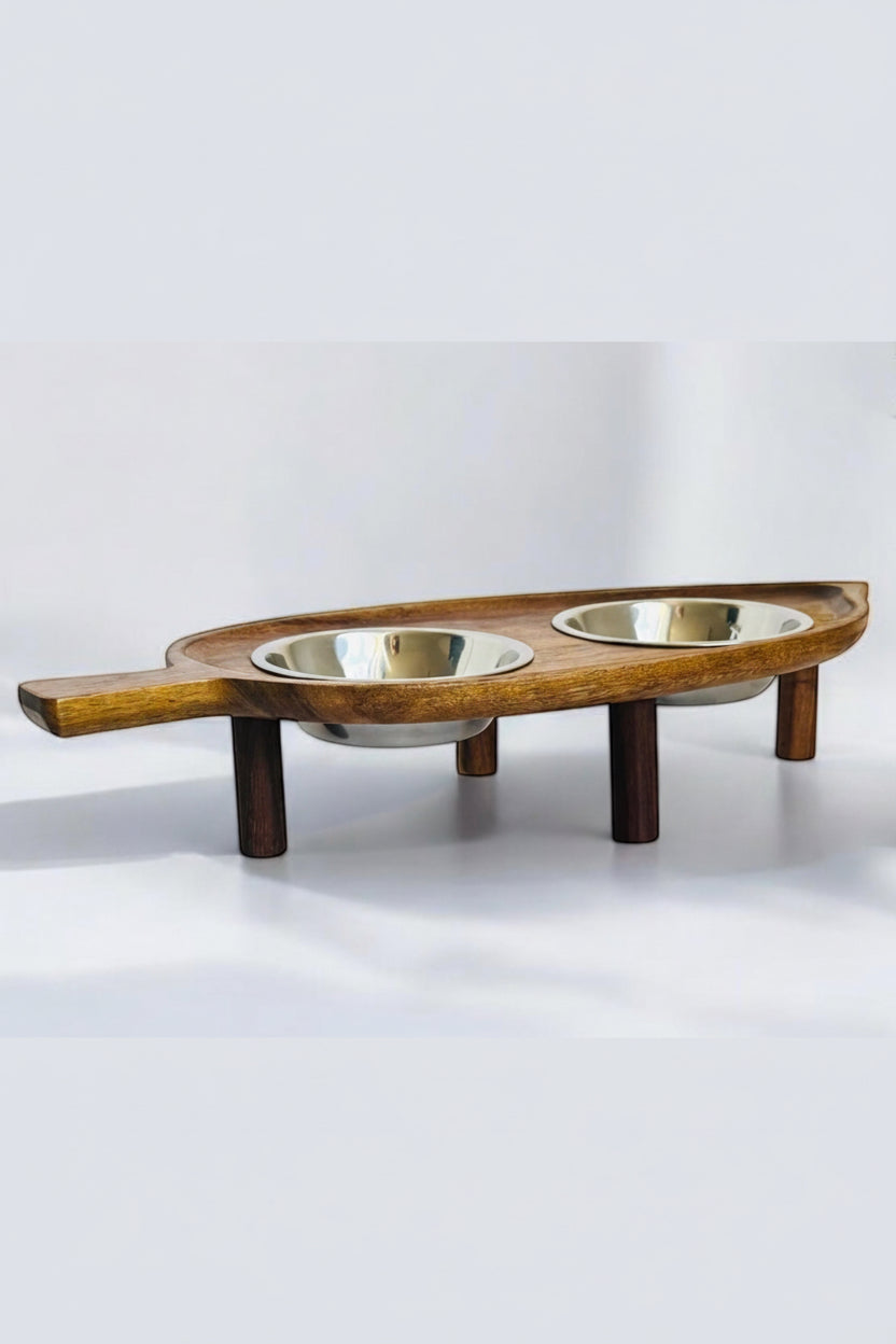 Raised cat bowl antibacterial acacia wood non-spill elevated feeding station  THEKEA