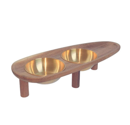 Raised cat bowl walnut legs silver stainless steel acacia wood non-spill 30cm - THEKEA
