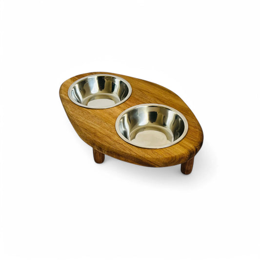 Elevated cat bowl wooden feeder acacia wood stainless steel bowls handmade UK - THEKEA

