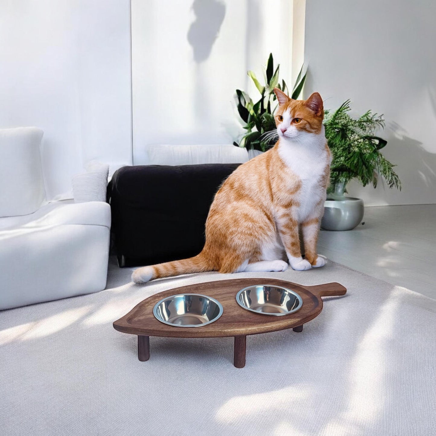 Elevated pet feeding station acacia wood dishwasher safe bowls non-spill UK - THEKEA
