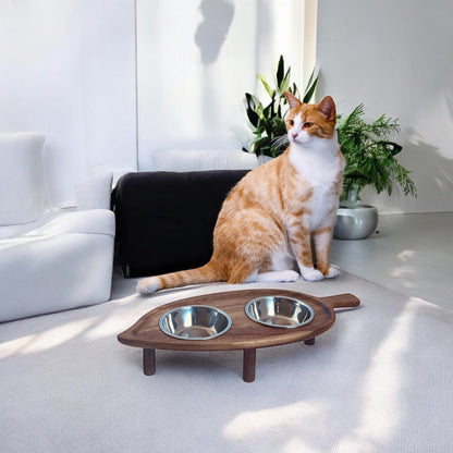 Elevated pet feeding station acacia wood dishwasher safe bowls non-spill UK - THEKEA
