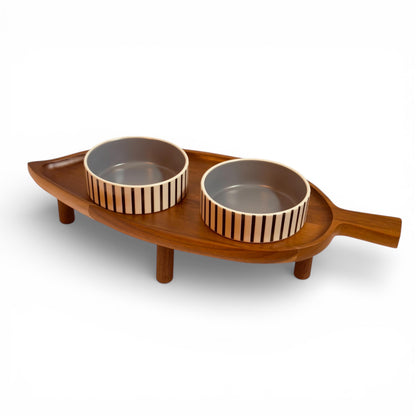 Raised pet feeder antibacterial acacia wood ceramic bowls stylish design UK - THEKEA
