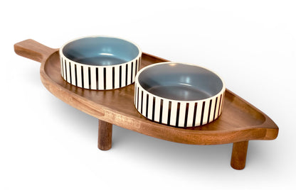 Acacia wood cat feeder ceramic bowls ergonomic raised height non-spill - THEKEA
