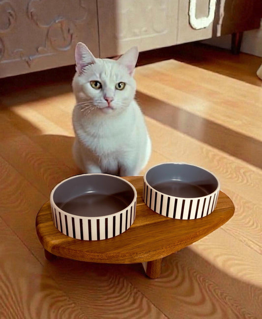 Handmade raised cat bowl acacia wood ceramic bowls elevated feeder 28cm - THEKEA
