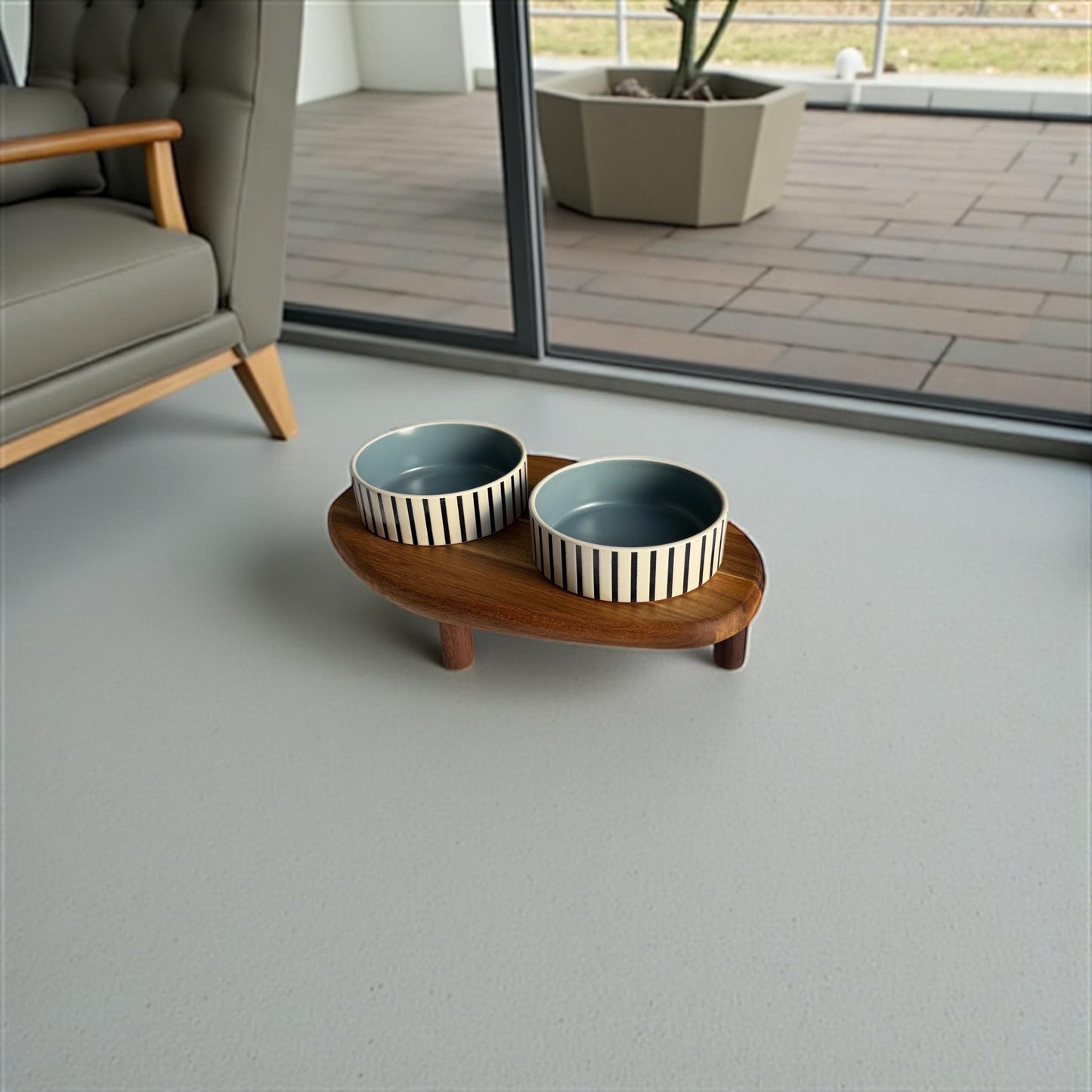 Handmade raised cat feeder acacia wood ceramic bowls elevated pet feeding station THEKEA