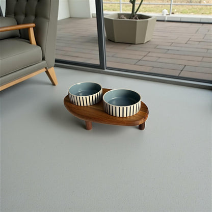 Handmade raised cat feeder acacia wood ceramic bowls elevated pet feeding station THEKEA