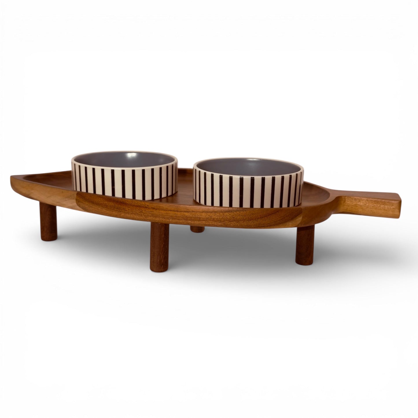 Premium elevated cat feeding station acacia wood ceramic bowls handmade - THEKEA
