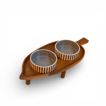 Handmade raised cat feeder acacia wood ceramic bowls non-spill elevated 40cm - THEKEA
