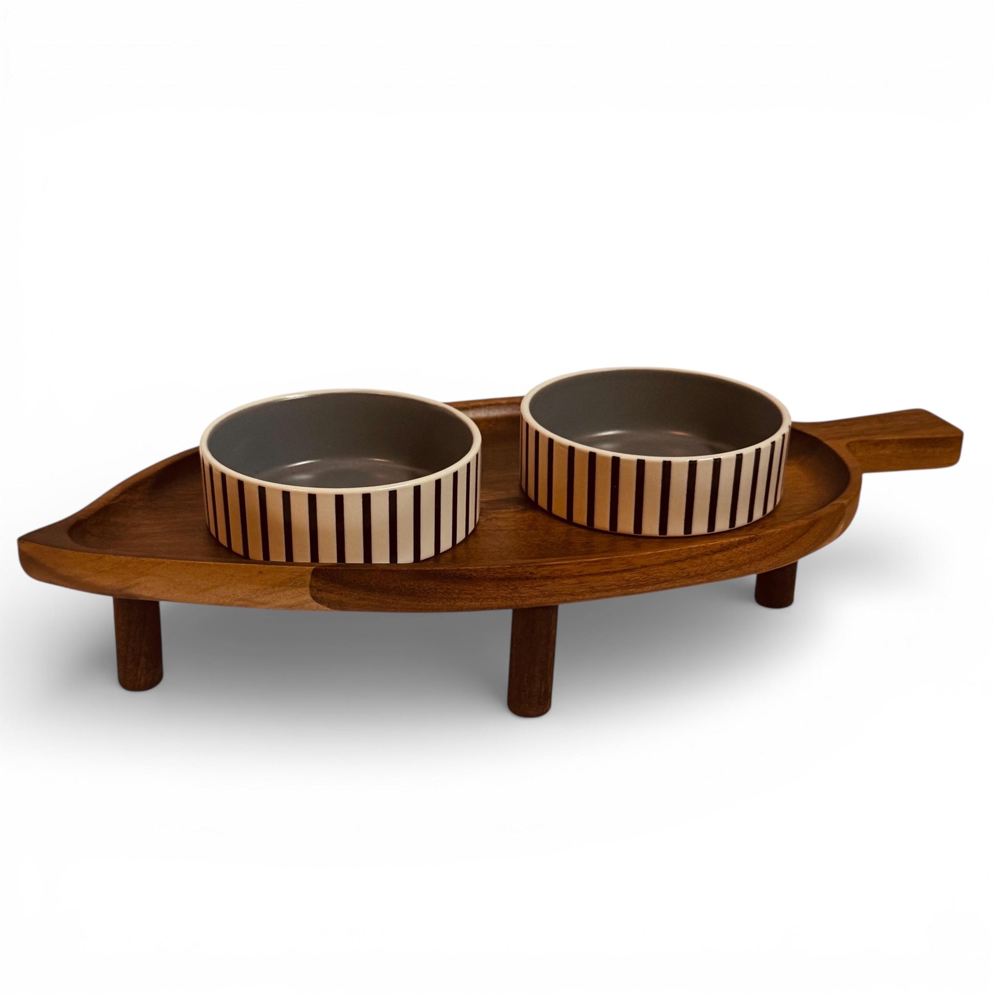 Premium elevated cat feeding station acacia wood ceramic bowls handmade - THEKEA
