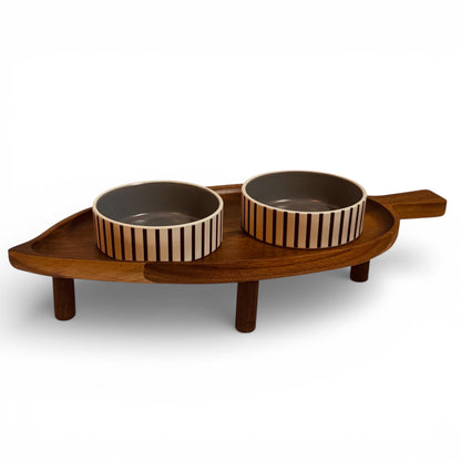 Premium elevated cat feeding station acacia wood ceramic bowls handmade - THEKEA
