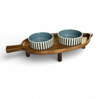 Acacia wood cat feeder ceramic bowls ergonomic raised height non-spill - THEKEA
