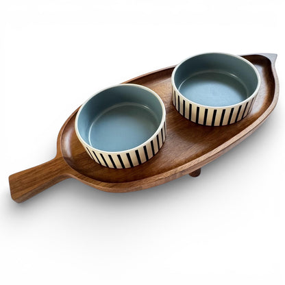 Handmade raised cat feeder acacia wood ceramic bowls non-spill elevated 40cm - THEKEA
