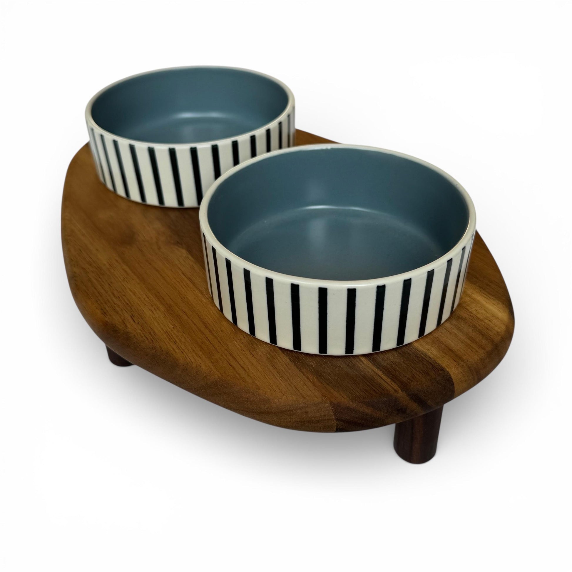 Elevated cat bowl acacia wood two ceramic bowls ergonomic design - THEKEA
