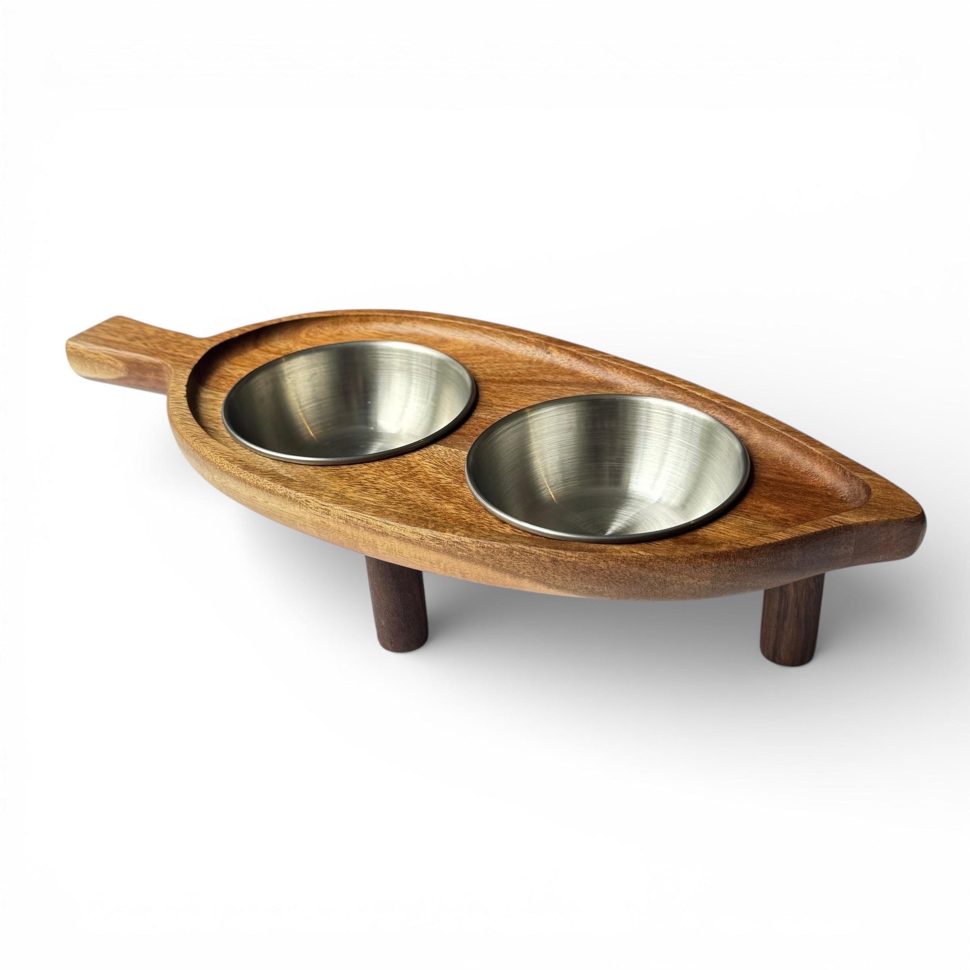 Raised leaf design cat bowl acacia wood stainless steel non-spill elevated feeder - THEKEA
