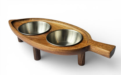 Antibacterial cat food bowl acacia wood walnut legs gold stainless steel non-spill - THEKEA
