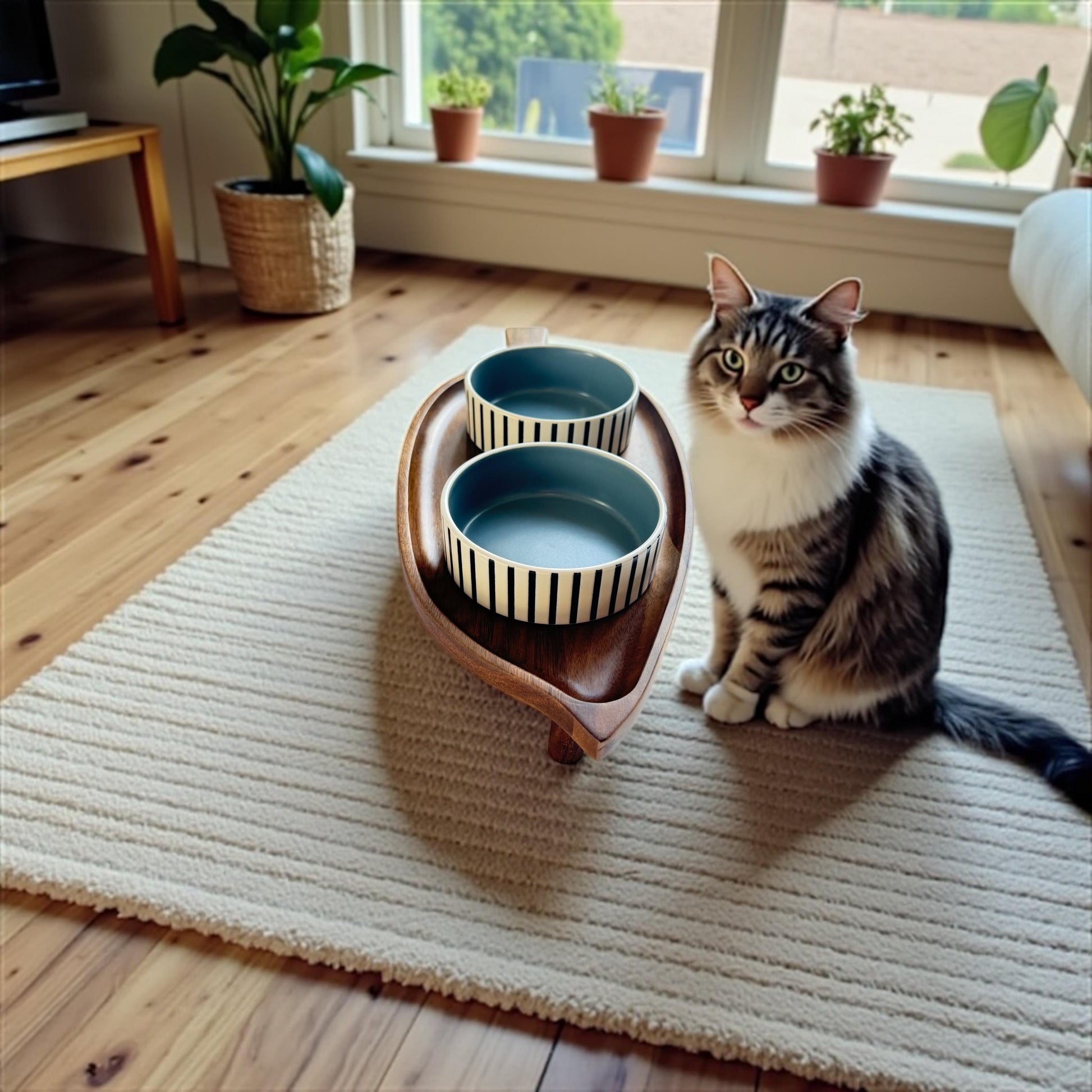 Raised cat bowl antibacterial acacia wood non-spill elevated feeding station  THEKEA