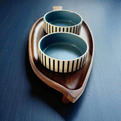 Premium elevated cat feeding station acacia wood ceramic bowls handmade - THEKEA
