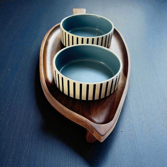 Premium elevated cat feeding station acacia wood ceramic bowls handmade - THEKEA
