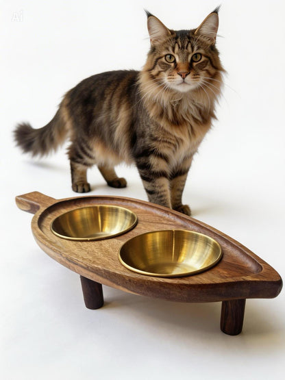 Raised leaf design  cat raised food bowl acacia natural wood stainless steel  bowls  non-spill elevated feeder THEKEA