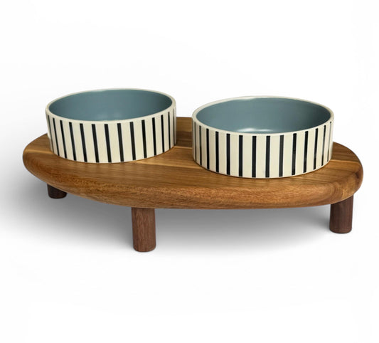 Acacia wood raised pet bowl ceramic dishwasher safe rustic design UK - THEKEA

