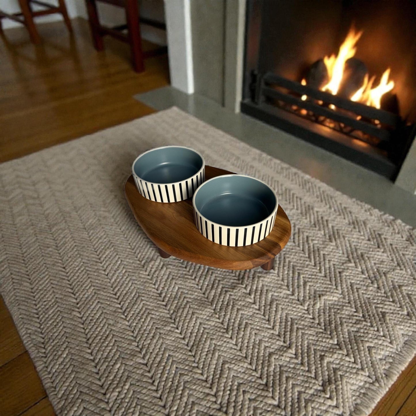 Premium raised cat feeder natural acacia wood ceramic bowls handmade - THEKEA
