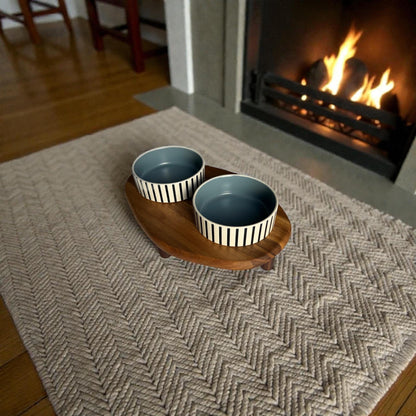 Premium raised cat feeder natural acacia wood ceramic bowls handmade - THEKEA
