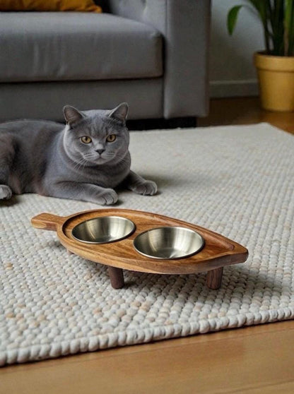 Raised leaf design cat bowl acacia wood stainless steel non-spill elevated feeder THEKEA