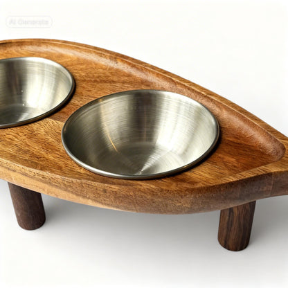 Leaf shaped elevated cat feeder acacia wood removable stainless bowls 33cm - THEKEA
