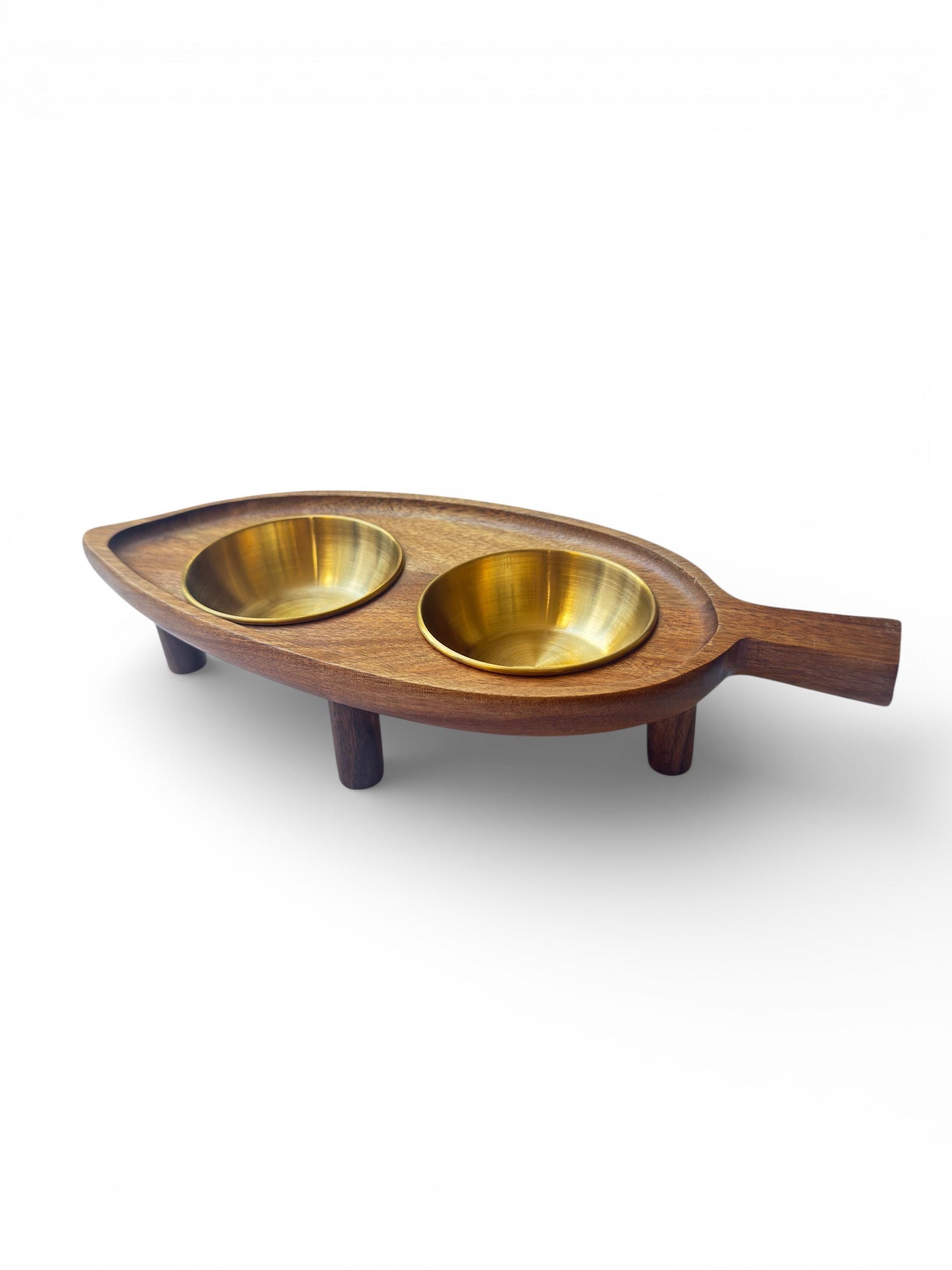 Raised leaf design cat bowl acacia wood stainless steel non-spill elevated feeder THEKEA