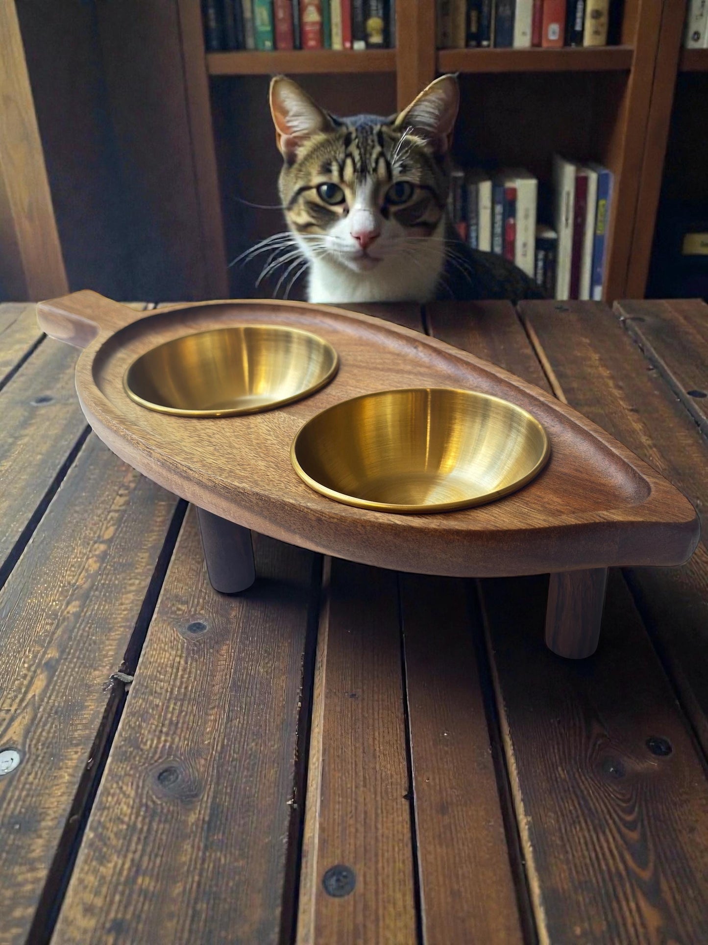 Unique cat bowl acacia wood non-spill stainless steel bowls UK-THEKEA