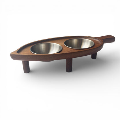 Unique leaf cat bowl acacia wood non-spill stainless steel handmade UK - THEKEA
