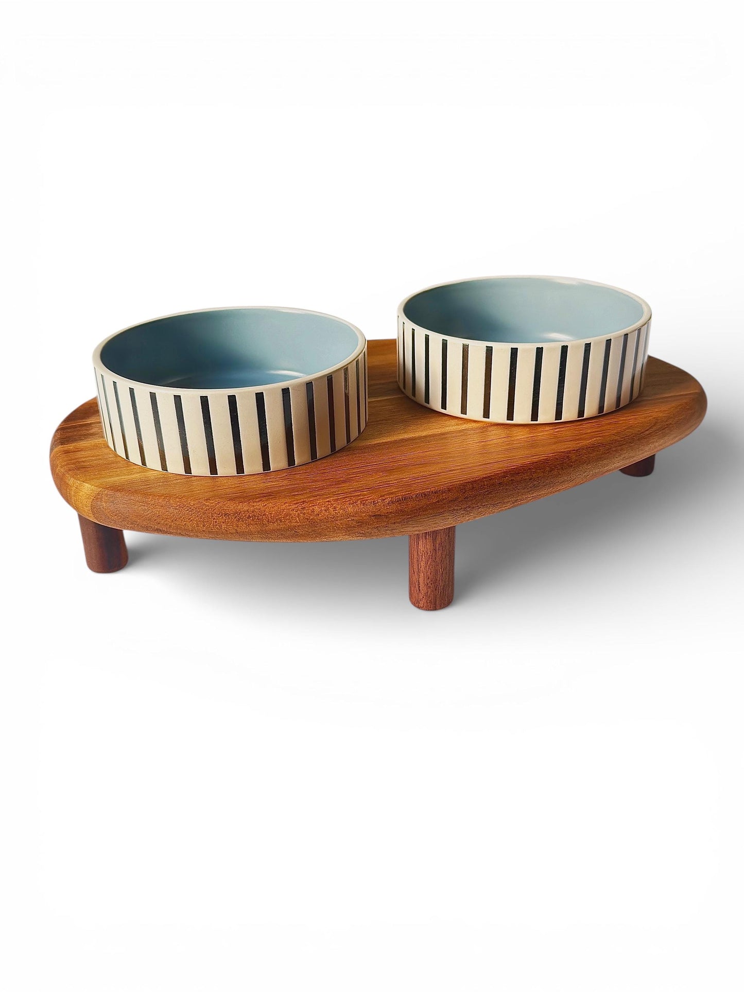 Premium raised cat feeder natural acacia wood ceramic bowls handmade - THEKEA
