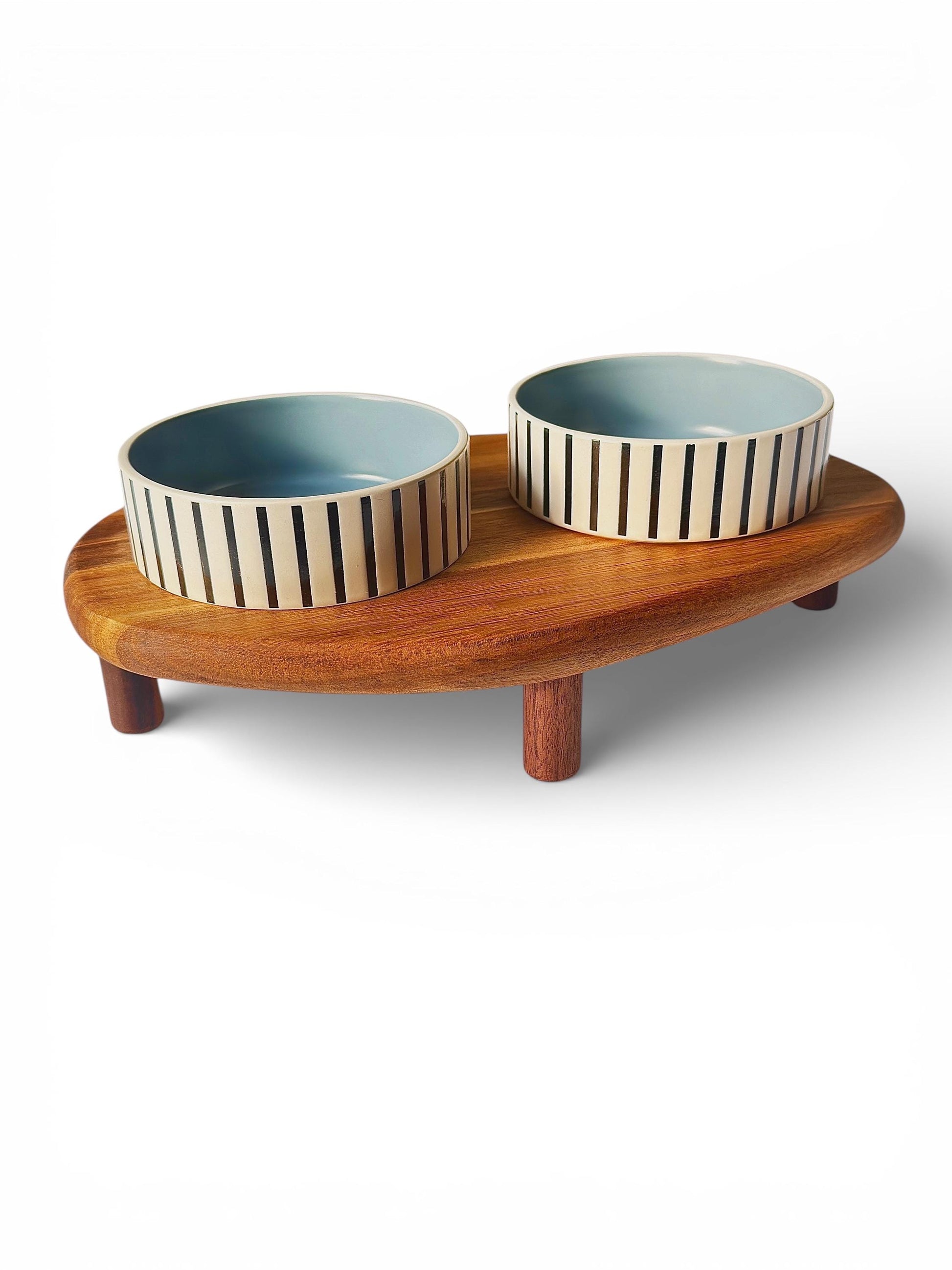 Premium raised cat feeder natural acacia wood ceramic bowls handmade - THEKEA
