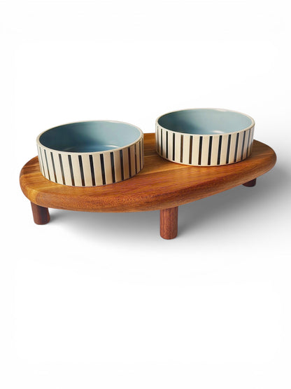 Premium raised cat feeder natural acacia wood ceramic bowls handmade - THEKEA
