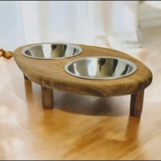 Acacia wood raised pet bowl ceramic dishwasher safe rustic design UK - THEKEA
