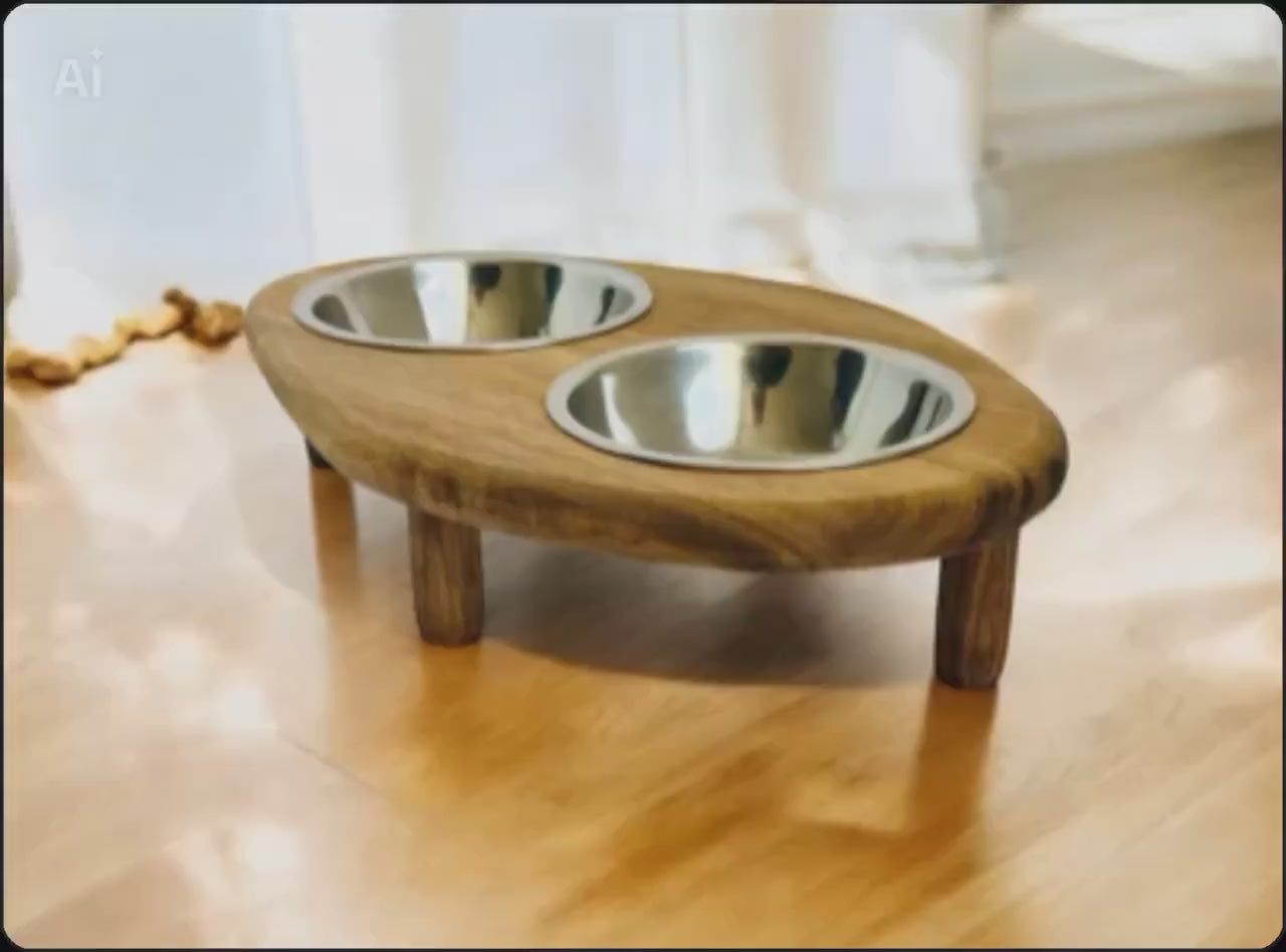Acacia wood raised pet bowl ceramic dishwasher safe rustic design UK - THEKEA
