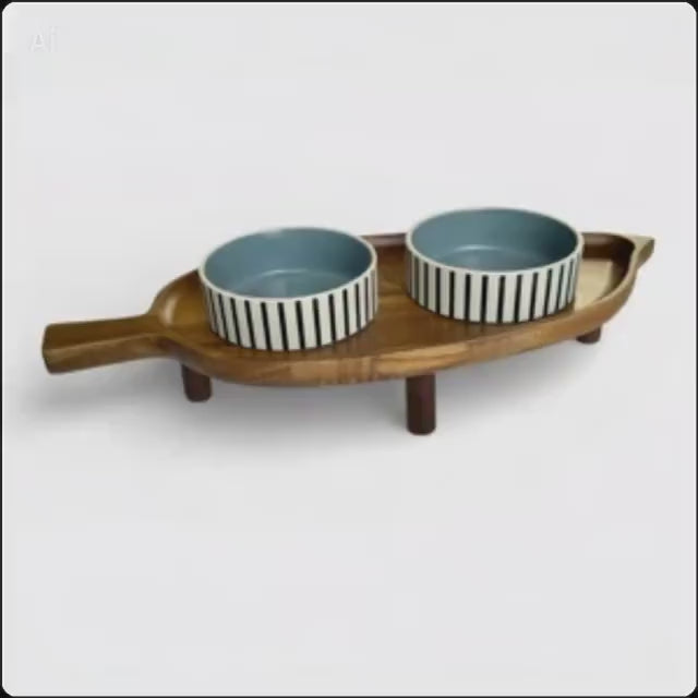 Acacia wood cat feeder ceramic bowls ergonomic raised height non-spill - THEKEA
