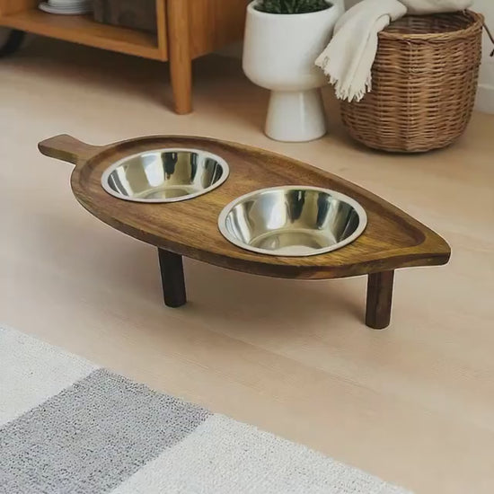 Raised cat bowl  antibacterial  wood non-spill dishwasher stainless steel bowls  elevated feeding station THEKEA